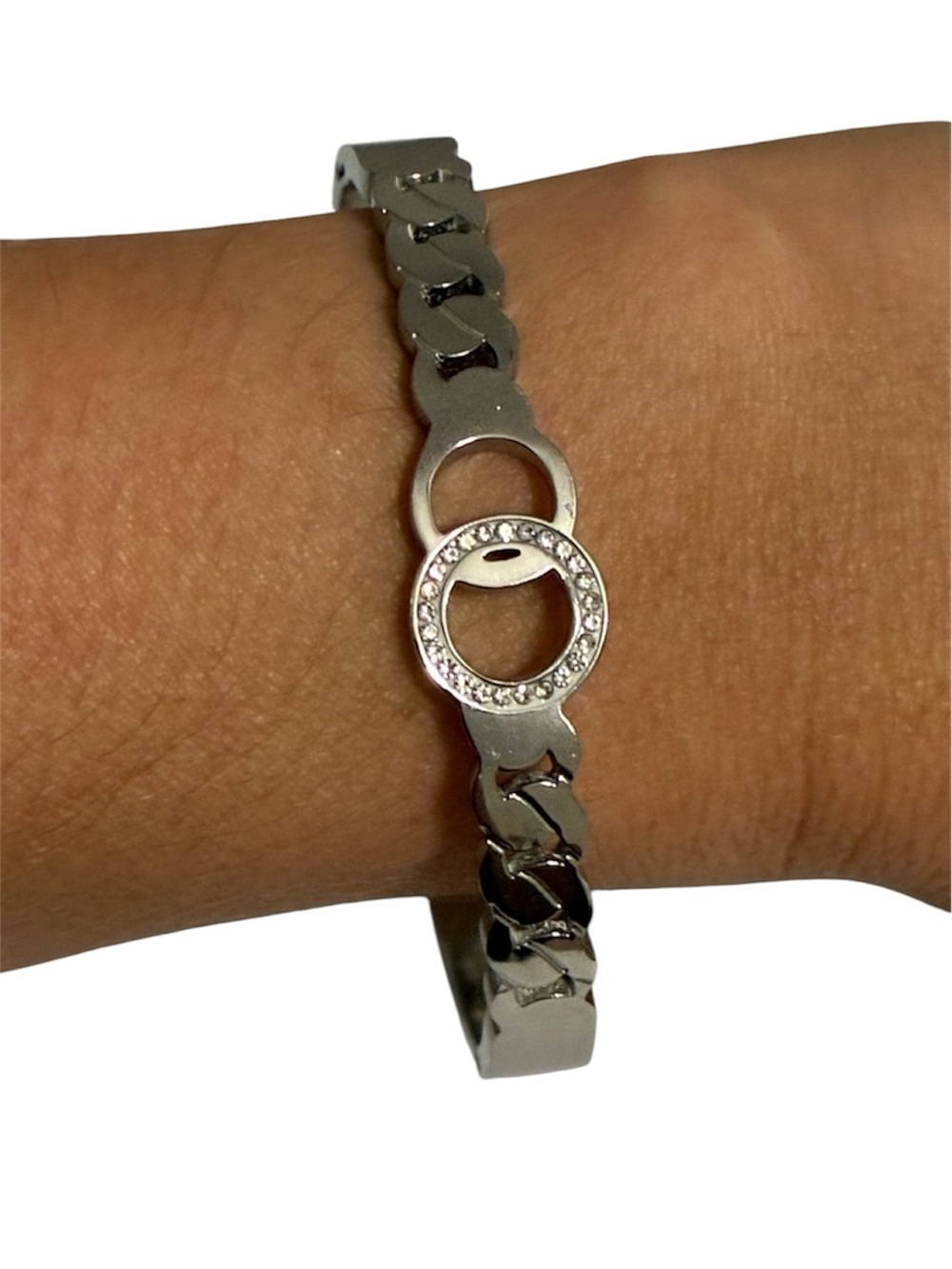 Vintage Silver Circle Link Bracelet with Crystal Accents
